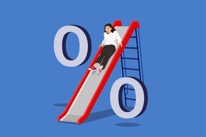 girl coming down a swing with two zeros on the side representing a percent